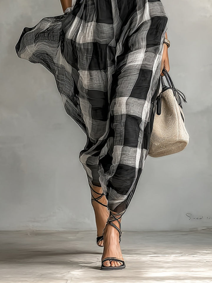 Robe longue à carreaux en mousseline de soie, ceinturée