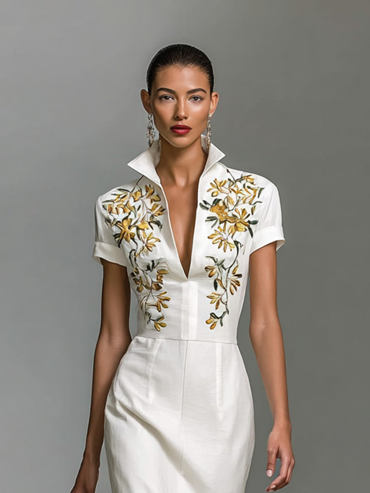 Robe mi-longue brodée à col en V