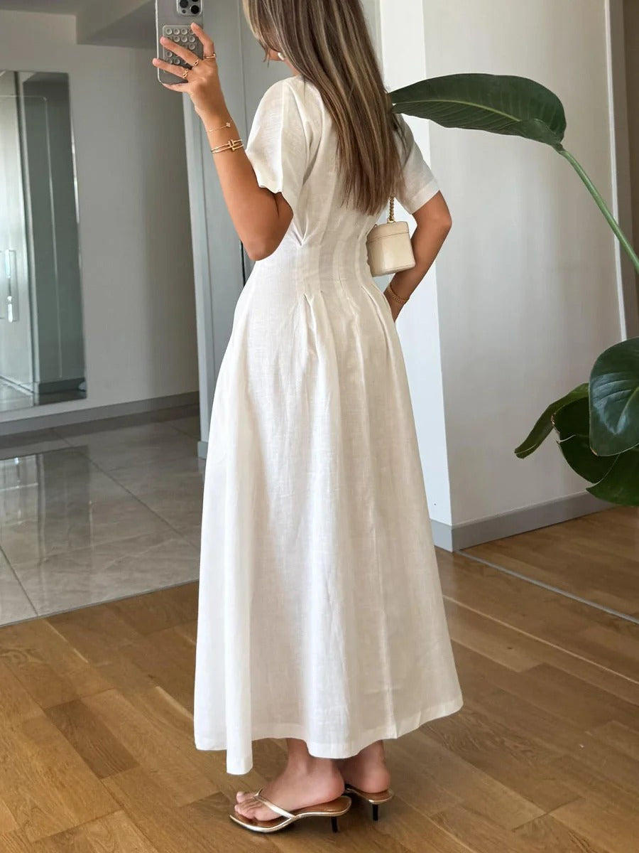 Robe décontractée en coton et lin à col en V et taille haute