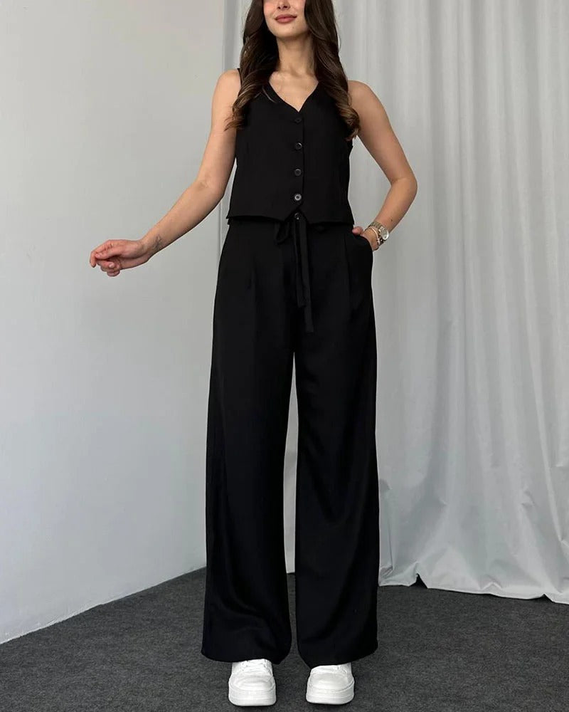 Ensemble deux pièces gilet décontracté de couleur unie