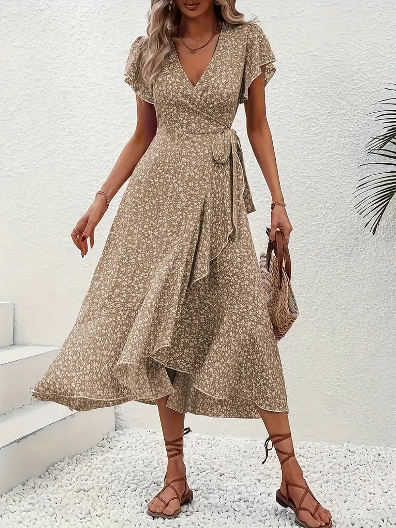 Robe mi-longue élégante à motifs floraux