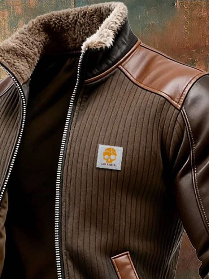 Veste rétro en tricot côtelé avec design patchwork en cuir