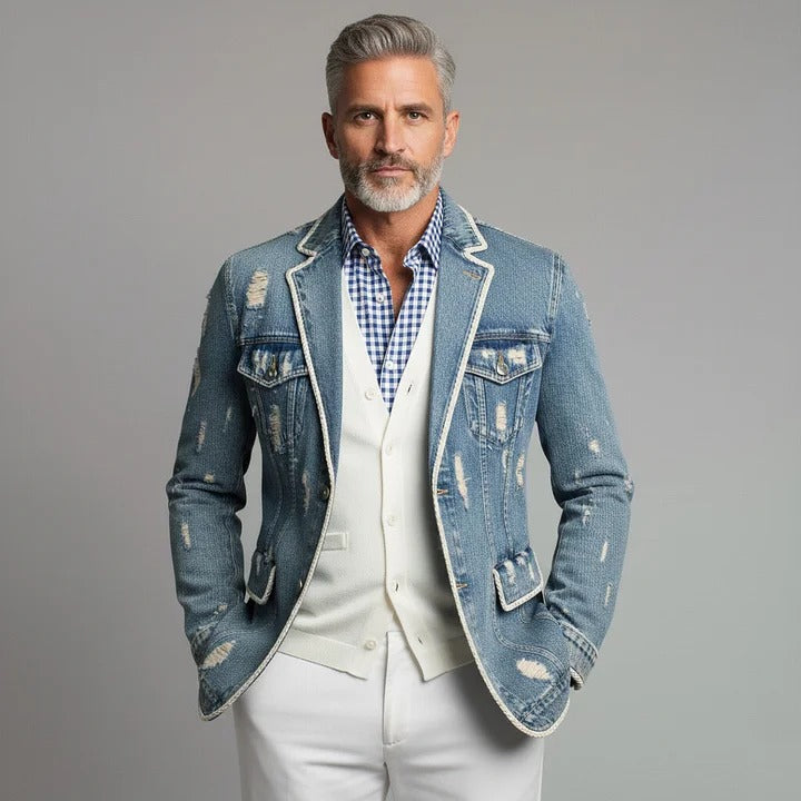 Blazer en denim déchiré bleu à revers cranté