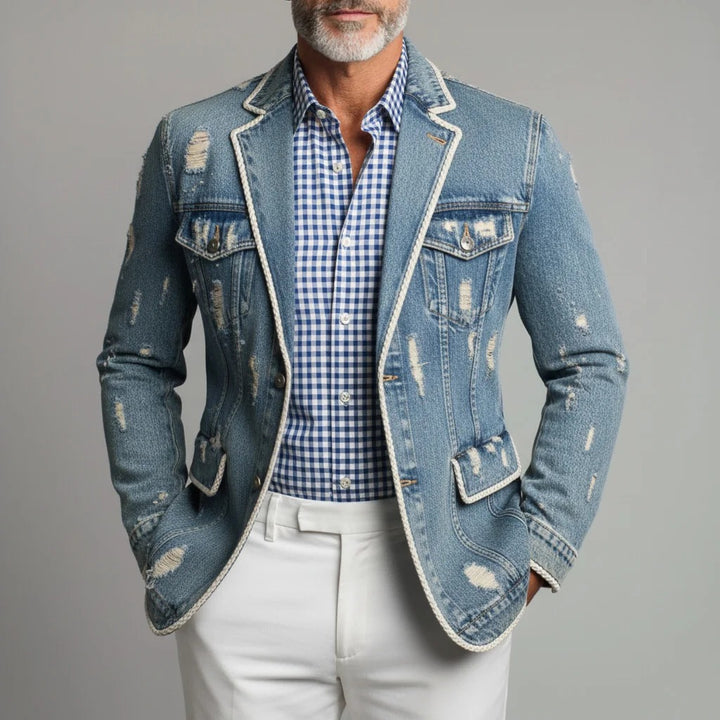 Blazer en denim déchiré bleu à revers cranté