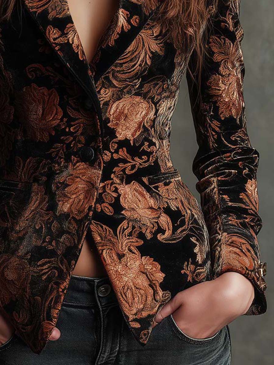 Blazer Entallado Floral Negro y Bronce para Mujeres