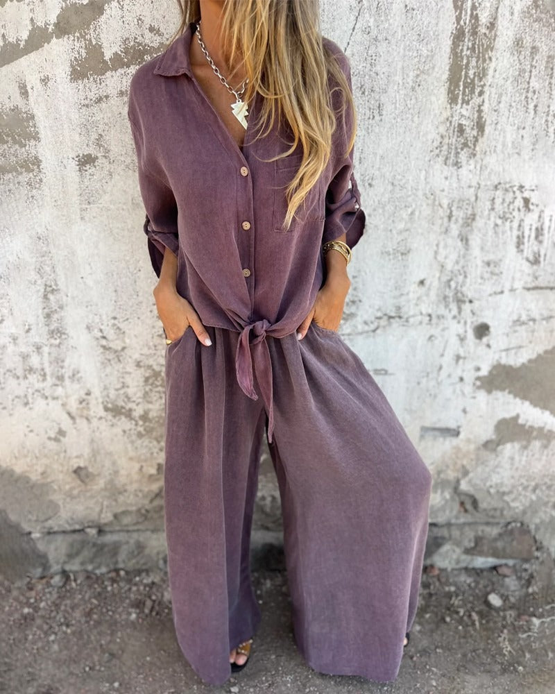 Ensemble deux pièces décontracté avec chemise unie et jambe large