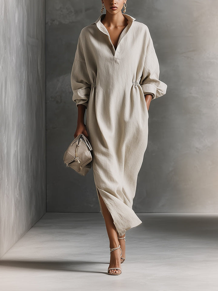 Robe longue beige décontractée en coton avec cordon de serrage
