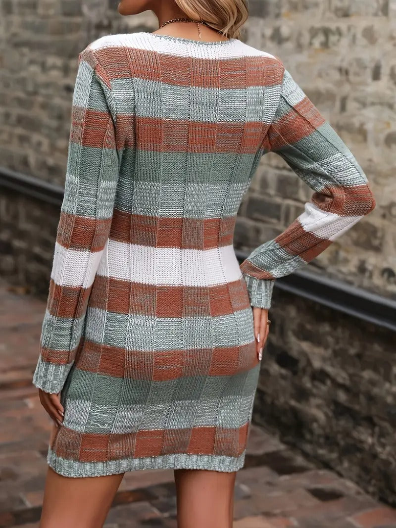 Robe Pull à Col en V à Blocs de Couleur