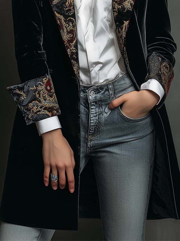 Blazer Slim Fit de Mujer con Estampado Barroco Negro