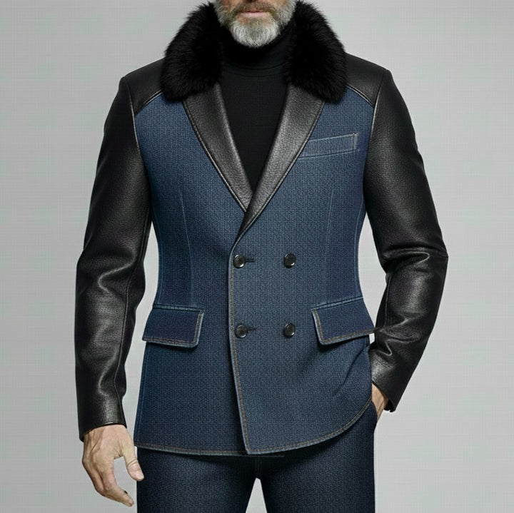 Blazer croisé en denim col en similicuir et fourrure