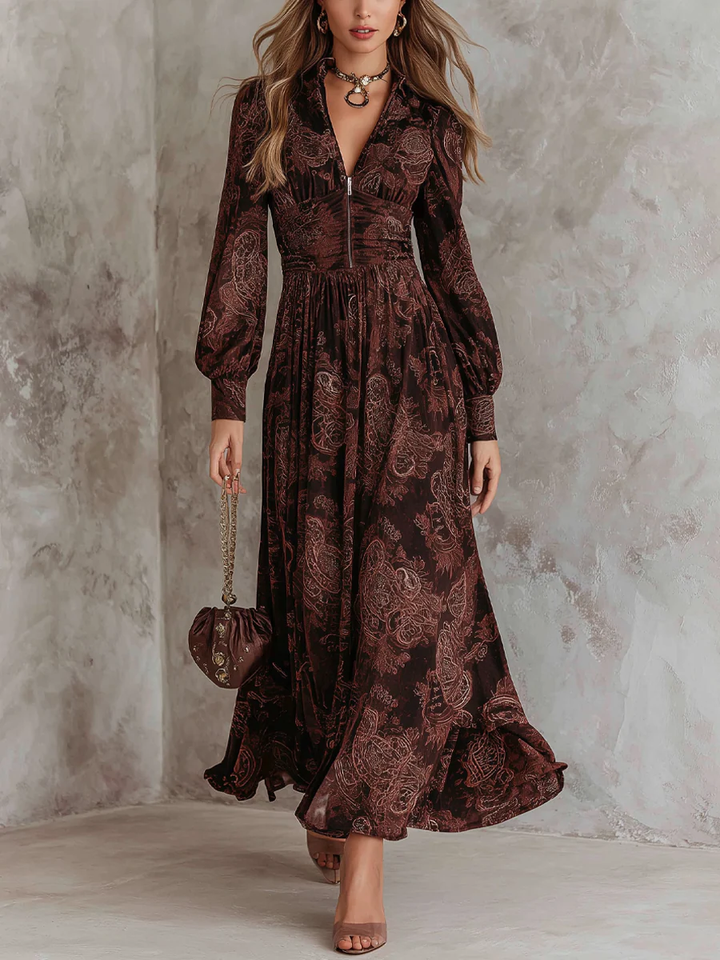 Marlene | Robe Midi Paisley avec Zip au Col