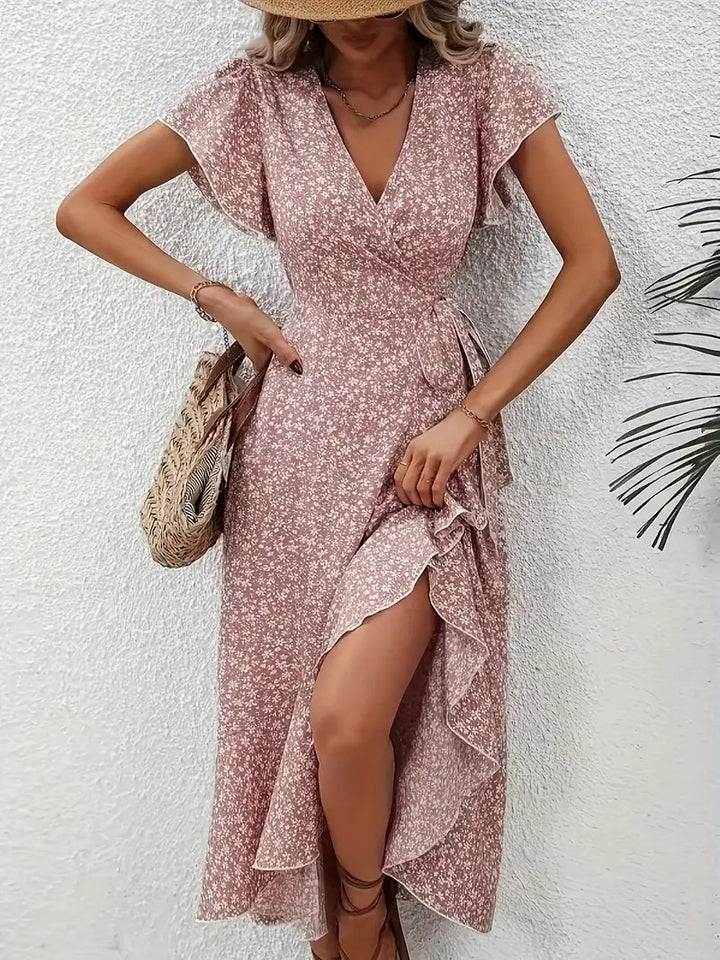Robe mi-longue élégante à motifs floraux