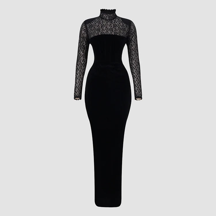 Robe moulante noire à manches longues en velours et dentelle