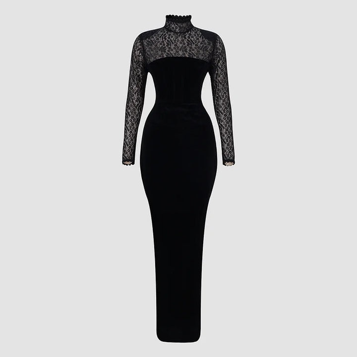 Robe moulante noire à manches longues en velours et dentelle
