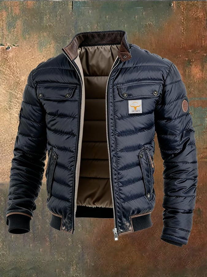 Veste d'extérieur chaude zippée en cuir matelassé rétro