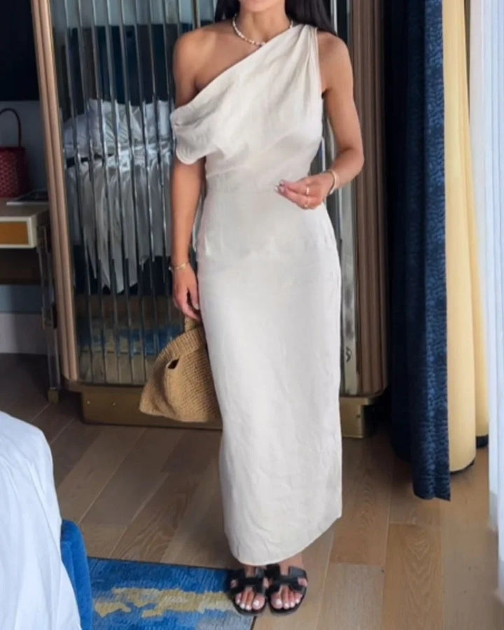 Robe tendance en coton et lin à épaules inclinées