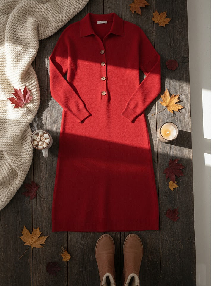 Robe midi classique en maille unie à col polo et boutons
