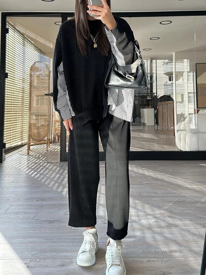 Ensemble deux pièces décontracté à rayures et patchwork pour femme