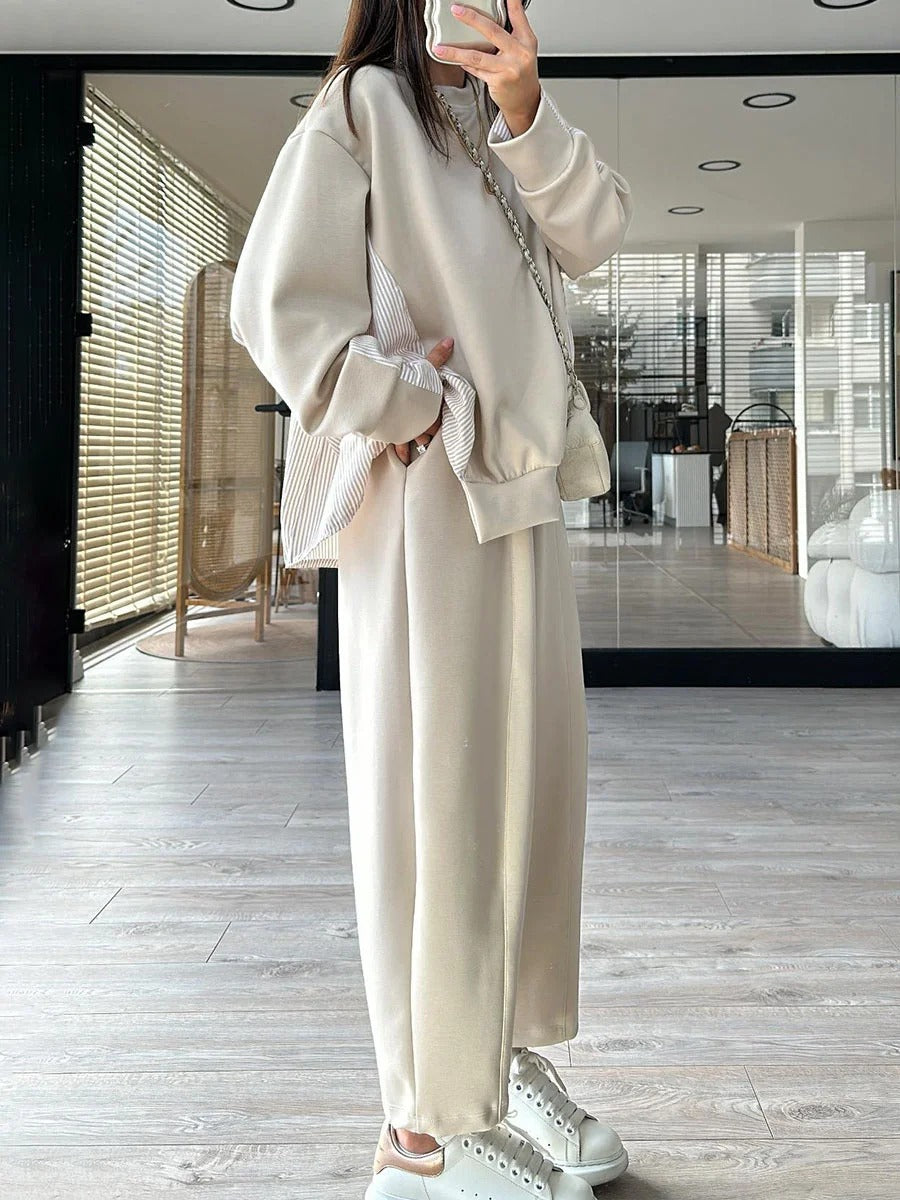 Ensemble deux pièces décontracté à rayures et patchwork pour femme