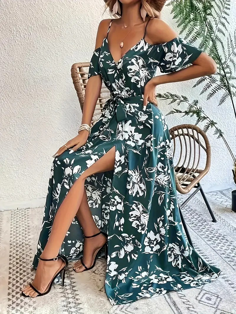 Robe à Imprimé Floral avec Épaules Dénudées