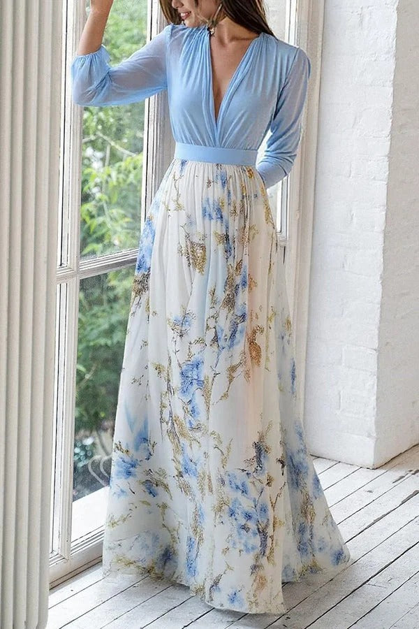Robe longue fleurie à col en V et manches longues