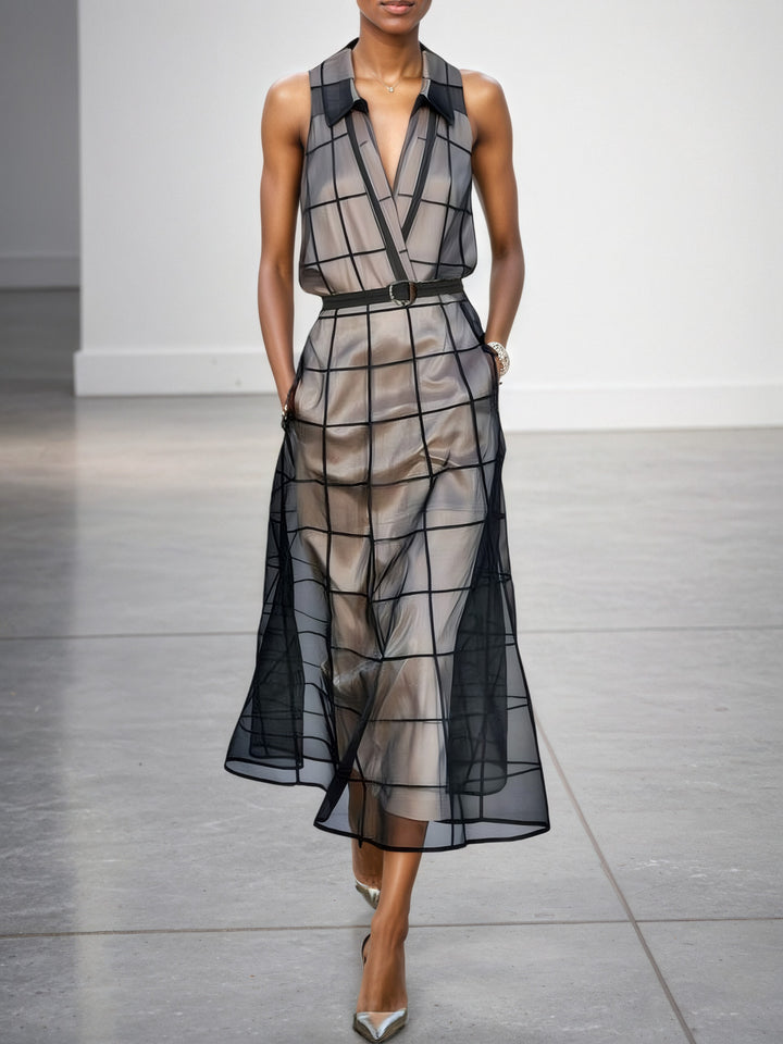 Robe longue à carreaux en tulle ceinturée