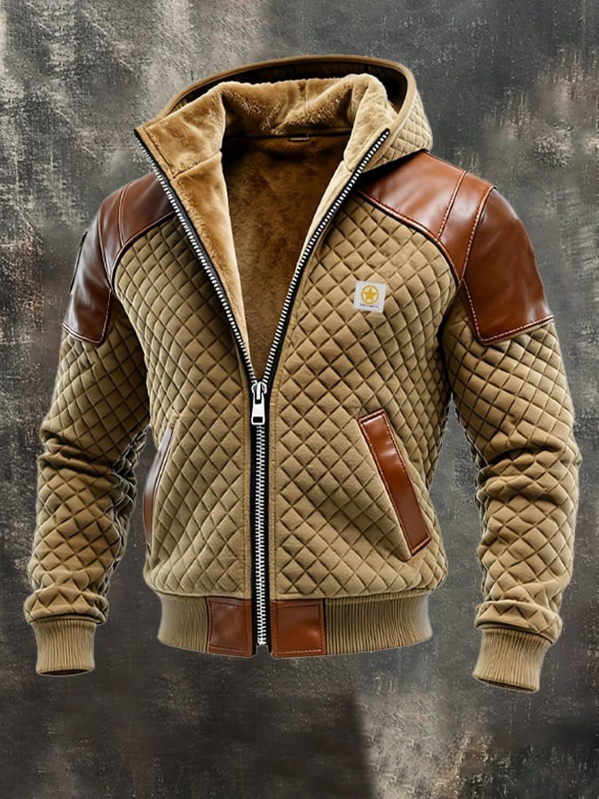 Veste à carreaux et patchwork en cuir pour homme