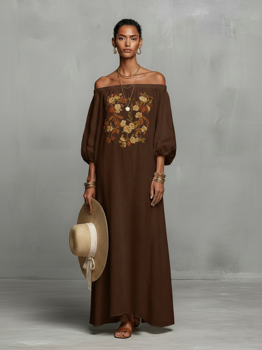 Robe longue brodée à épaules dénudées
