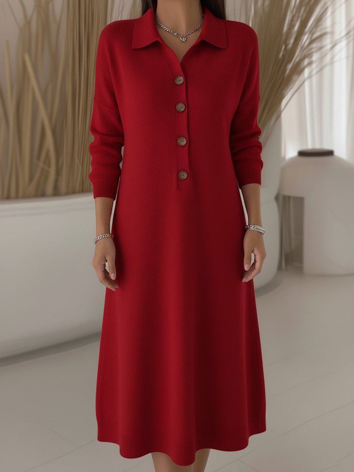 Robe midi classique en maille unie à col polo et boutons