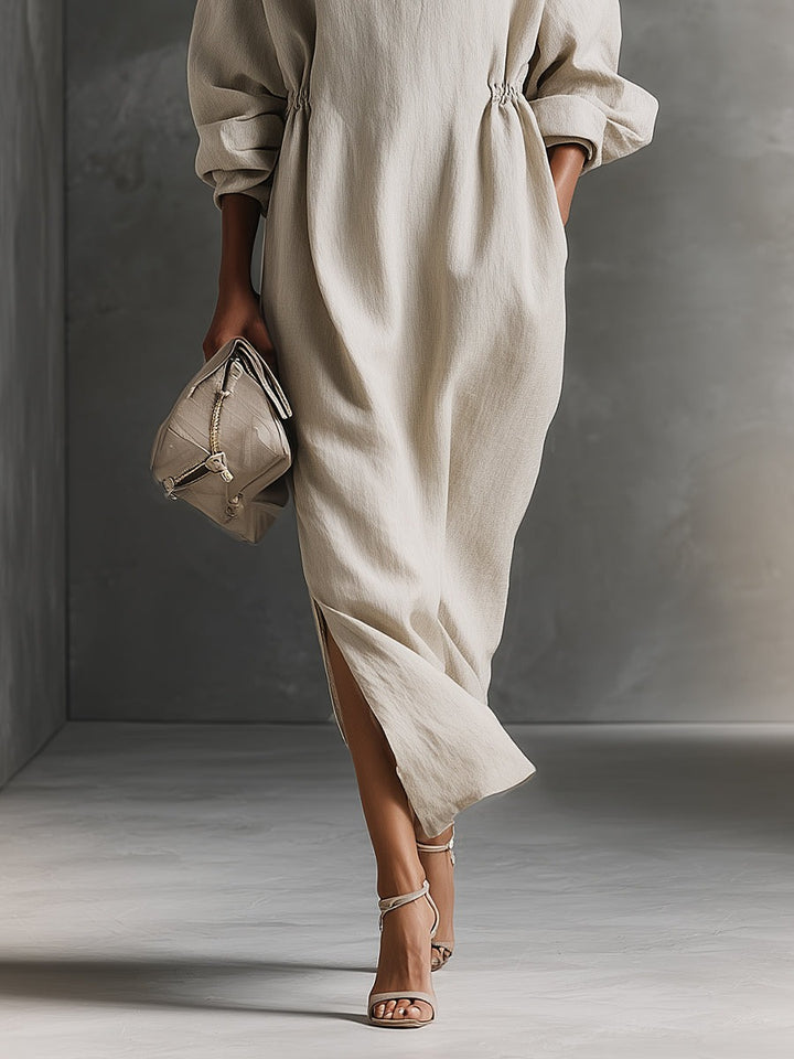 Robe longue beige décontractée en coton avec cordon de serrage