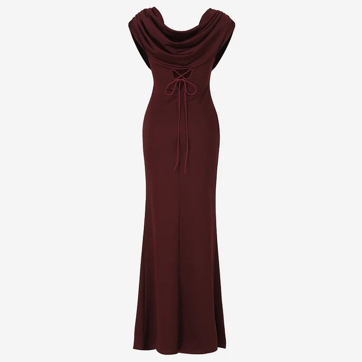 Robe longue de soirée marron élégante à col drapé