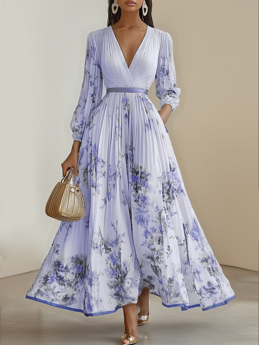 Robe longue plissée en mousseline de soie à fleurs