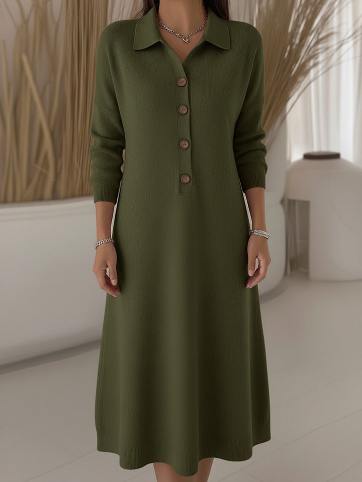 Robe midi classique en maille unie à col polo et boutons