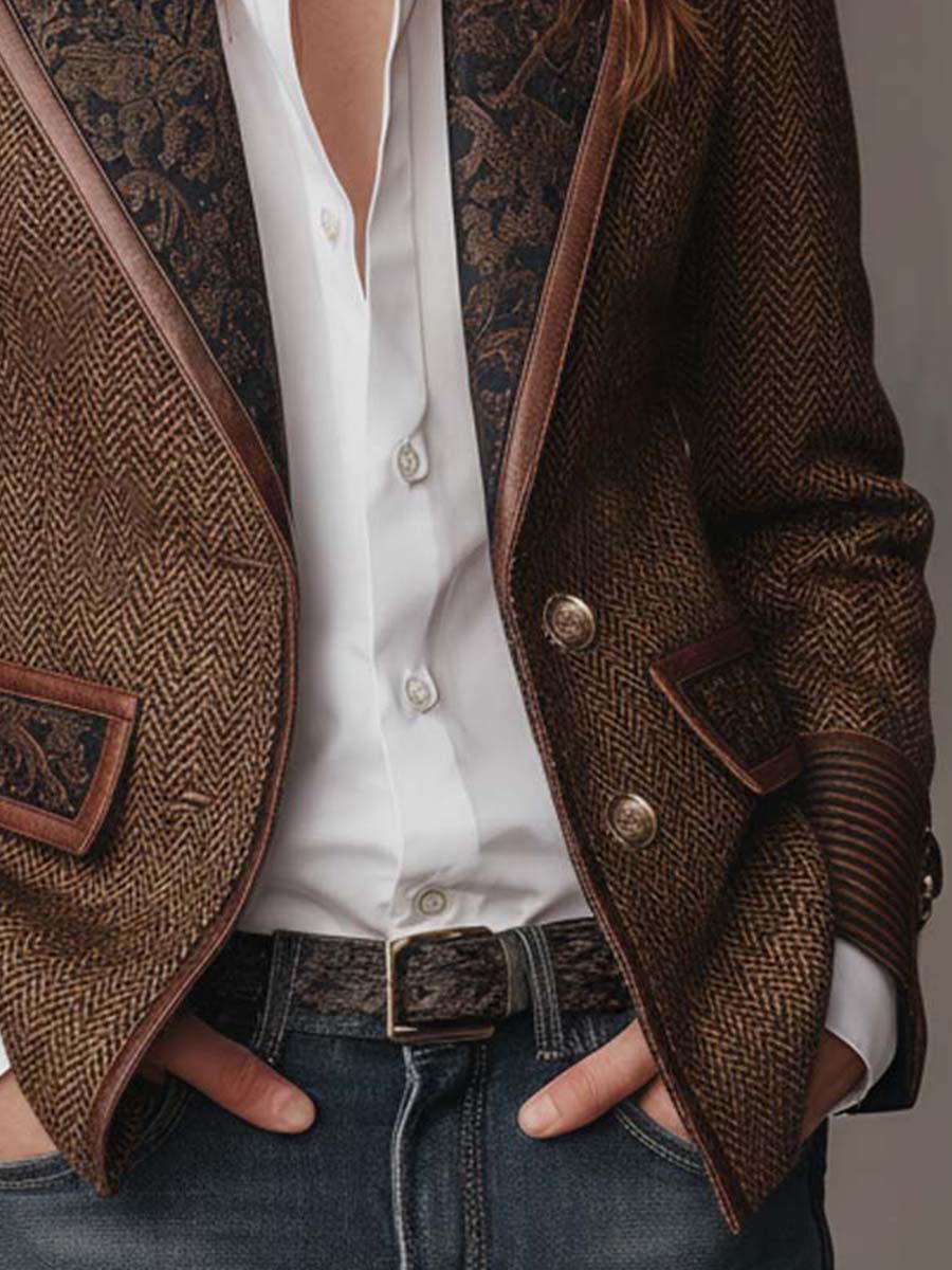 Blazer de Panel Impreso en Pata de Gallo para Mujeres