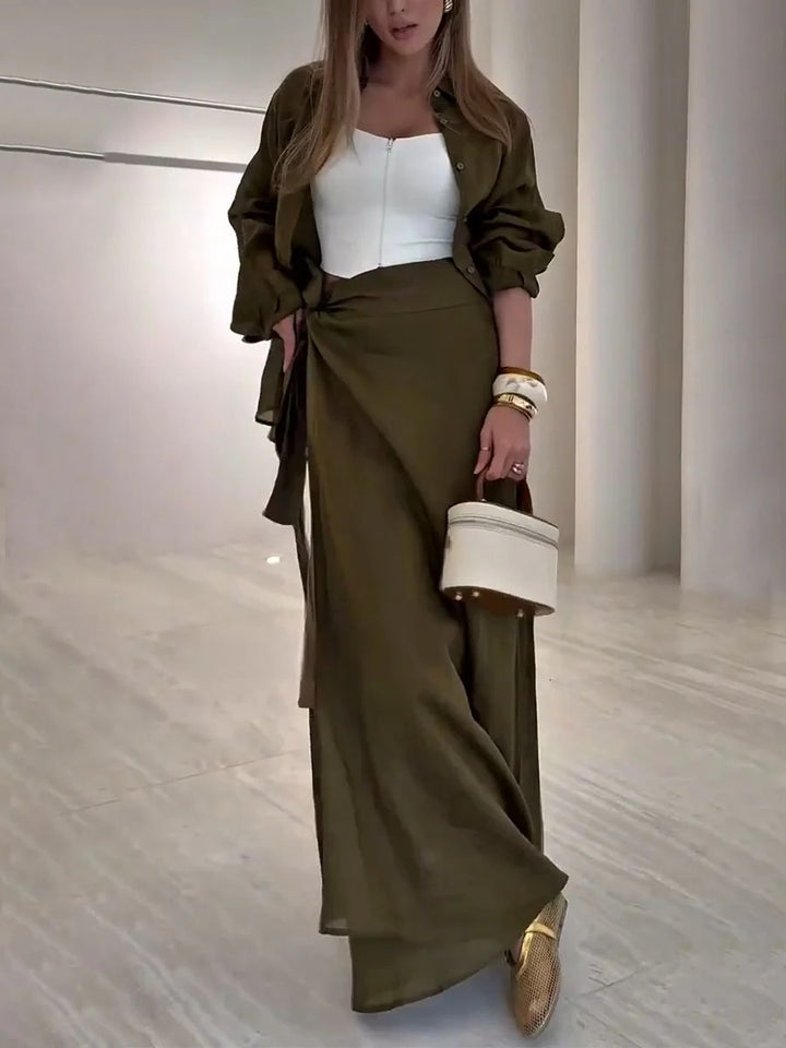 Ensemble deux pièces décontracté à lacets vert olive