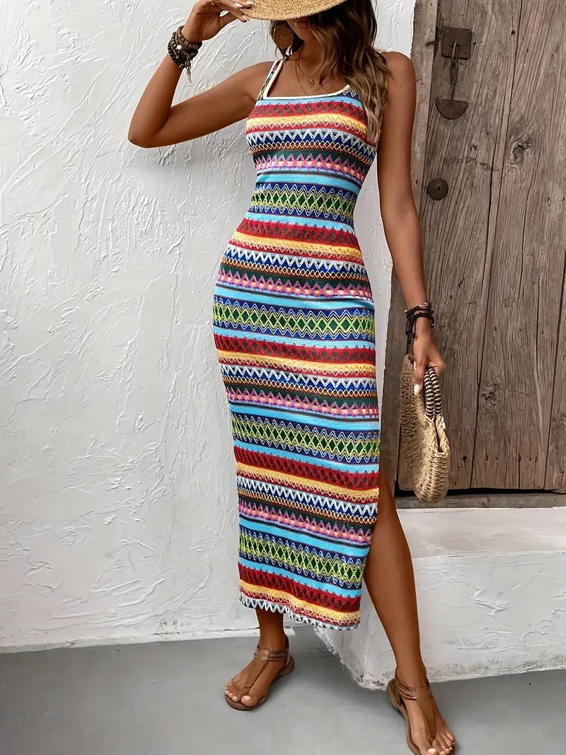 Robe À Rayures À Encolure Carrée