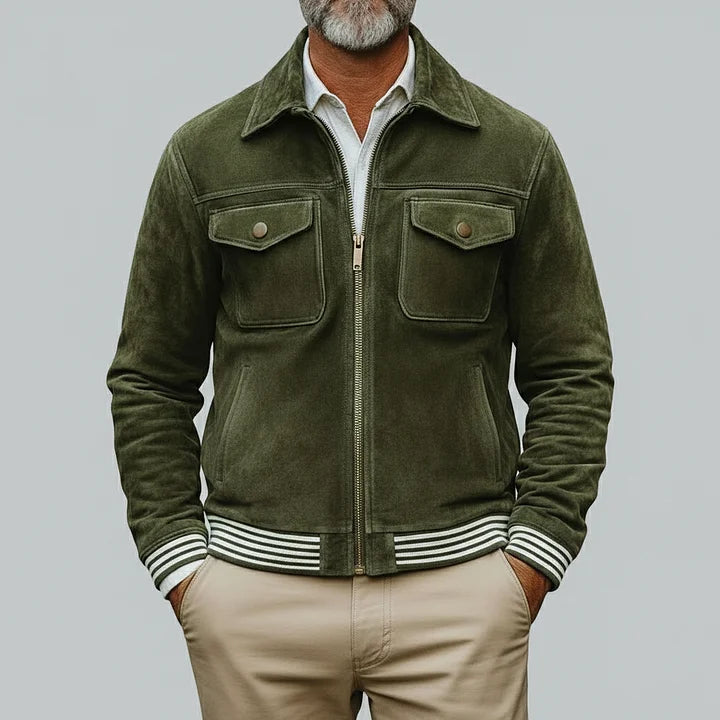 Retro Suede Jacket in Khaki Green