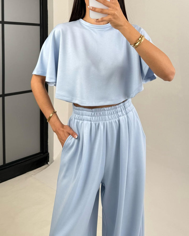 Ensemble deux pièces t-shirt et pantalon à col châle tendance