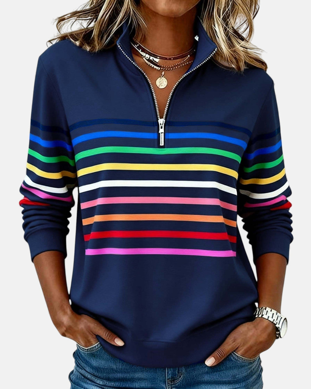 STRIPED ZIP-UP SWEATER FOR WOMEN