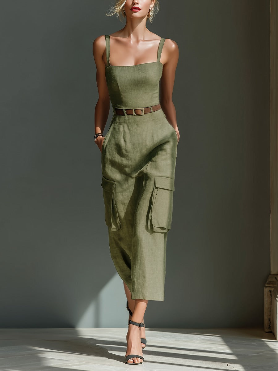 Combinaison en lin vert olive avec poches cargo et ceinture à la taille