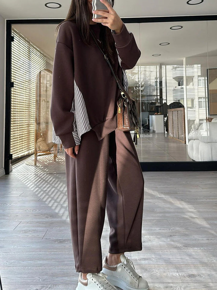 Ensemble deux pièces décontracté à rayures et patchwork pour femme