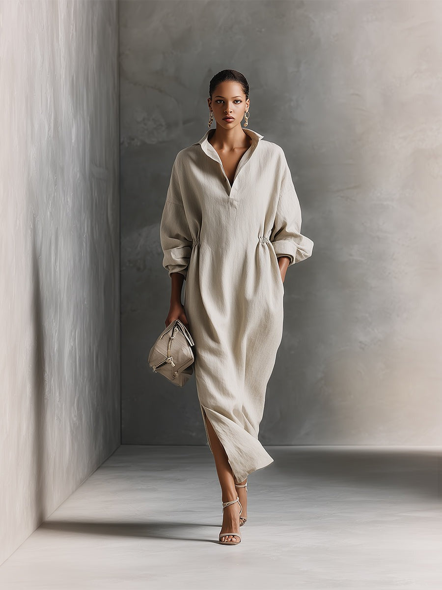 Robe longue beige décontractée en coton avec cordon de serrage