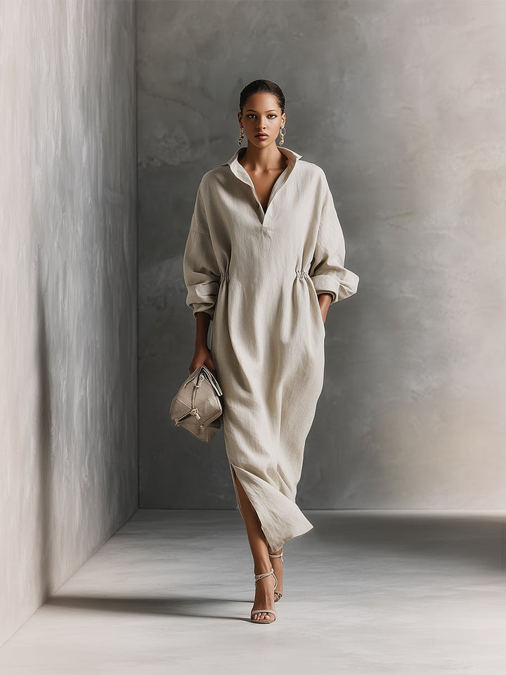 Robe longue beige décontractée en coton avec cordon de serrage