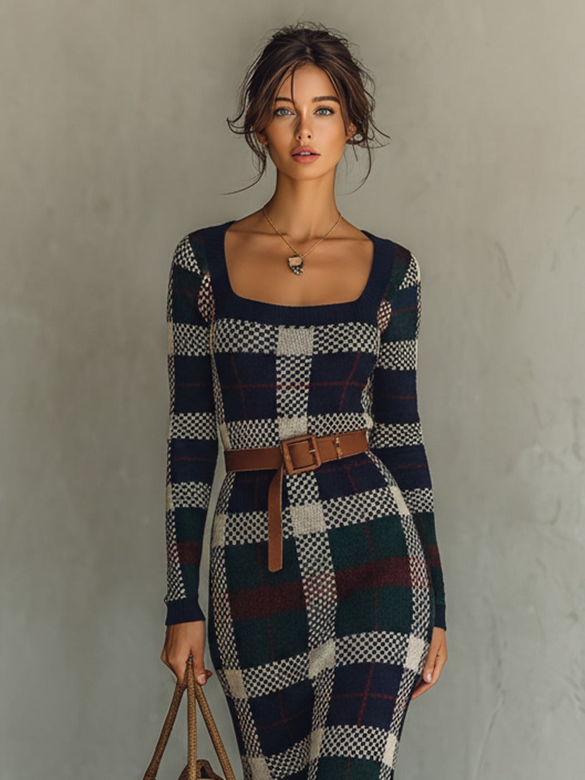 Robe à carreaux en maille avec ceinture