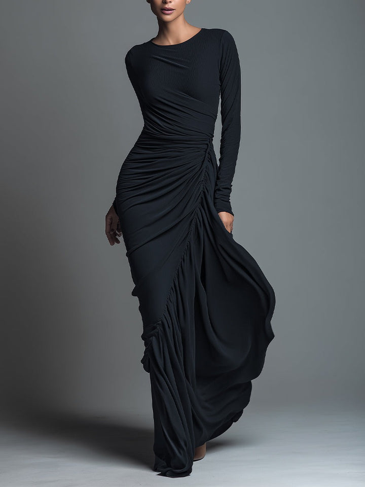 Robe longue froncée en jersey noir élégant