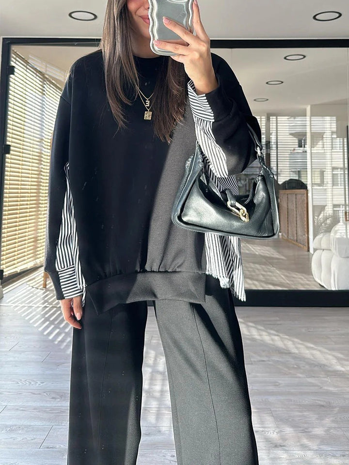 Ensemble deux pièces décontracté à rayures et patchwork pour femme