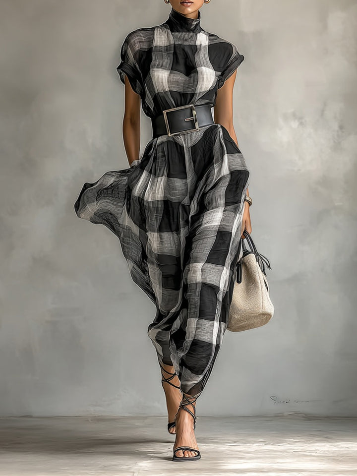 Robe longue à carreaux en mousseline de soie, ceinturée