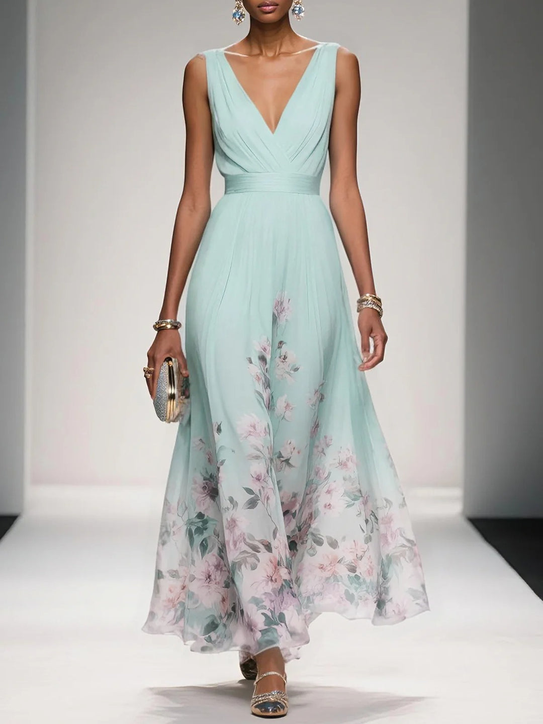 Robe longue en mousseline de soie à fleurs