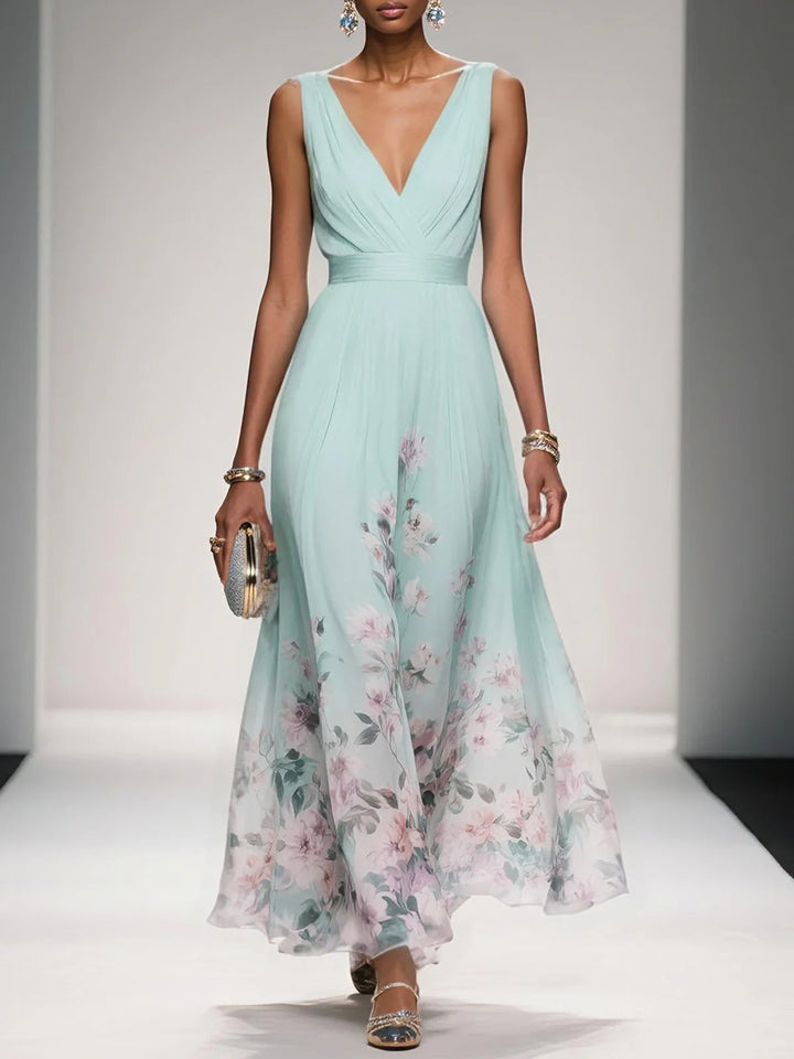 Robe longue en mousseline de soie à fleurs
