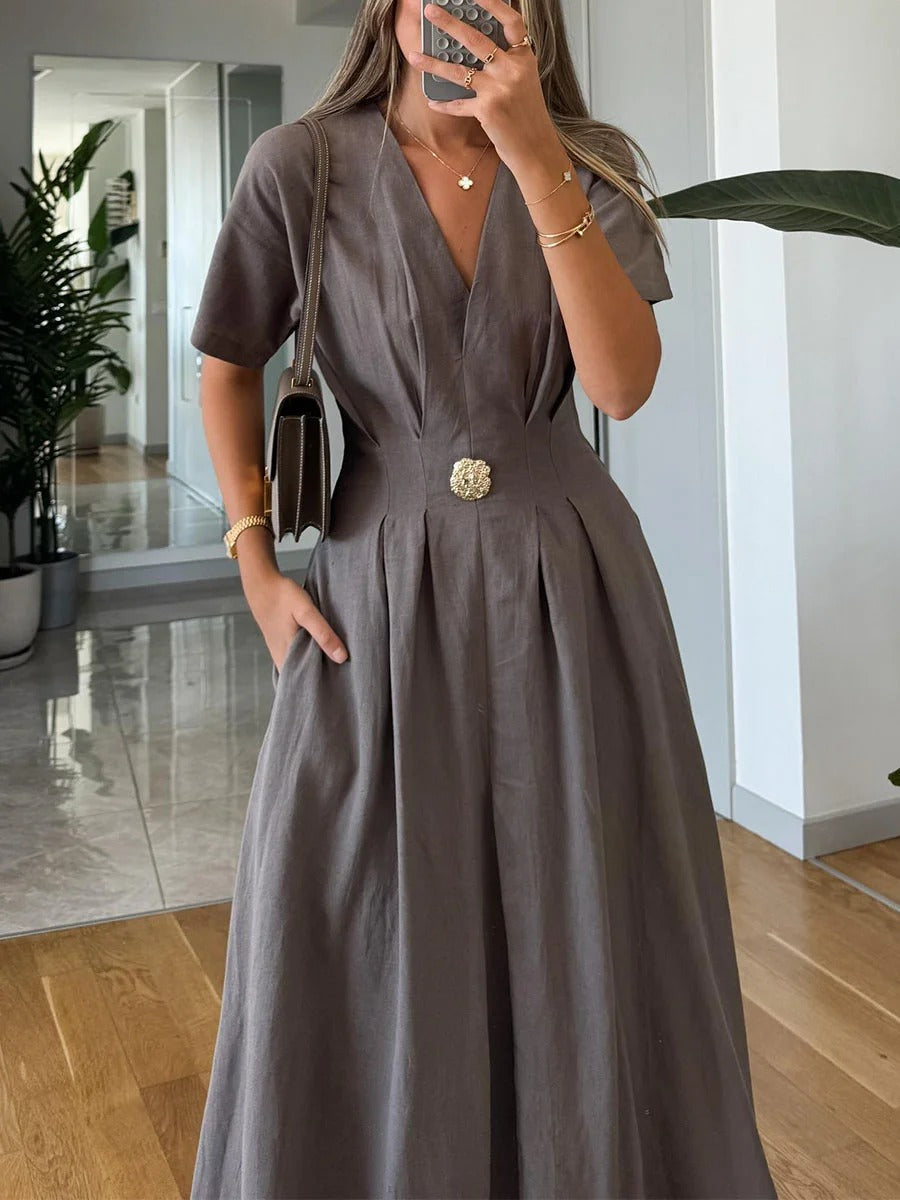 Robe décontractée en coton et lin à col en V et taille haute